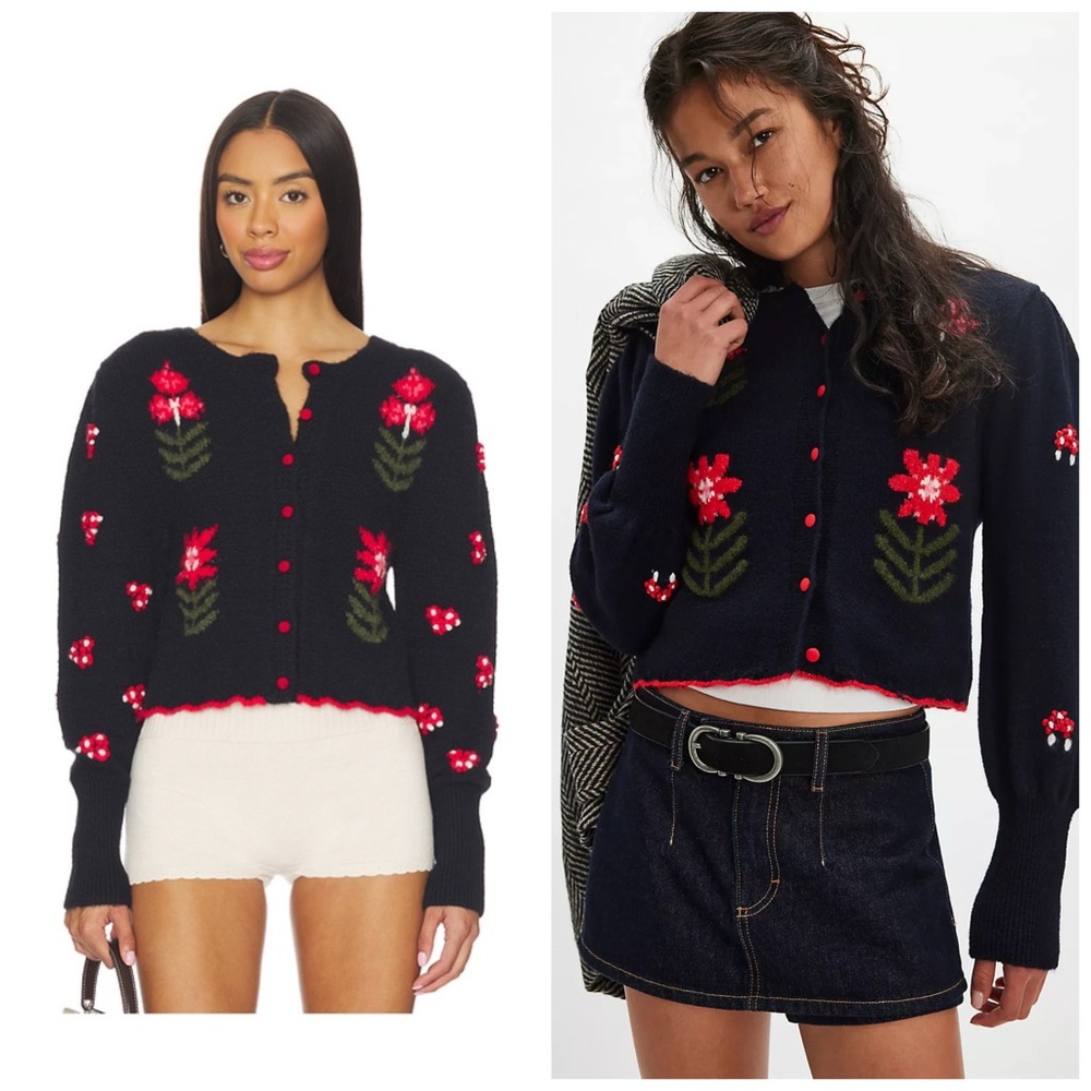 Free People Nonna Knit Cardi Floral Granny Black Red Large Sweater Cardigan